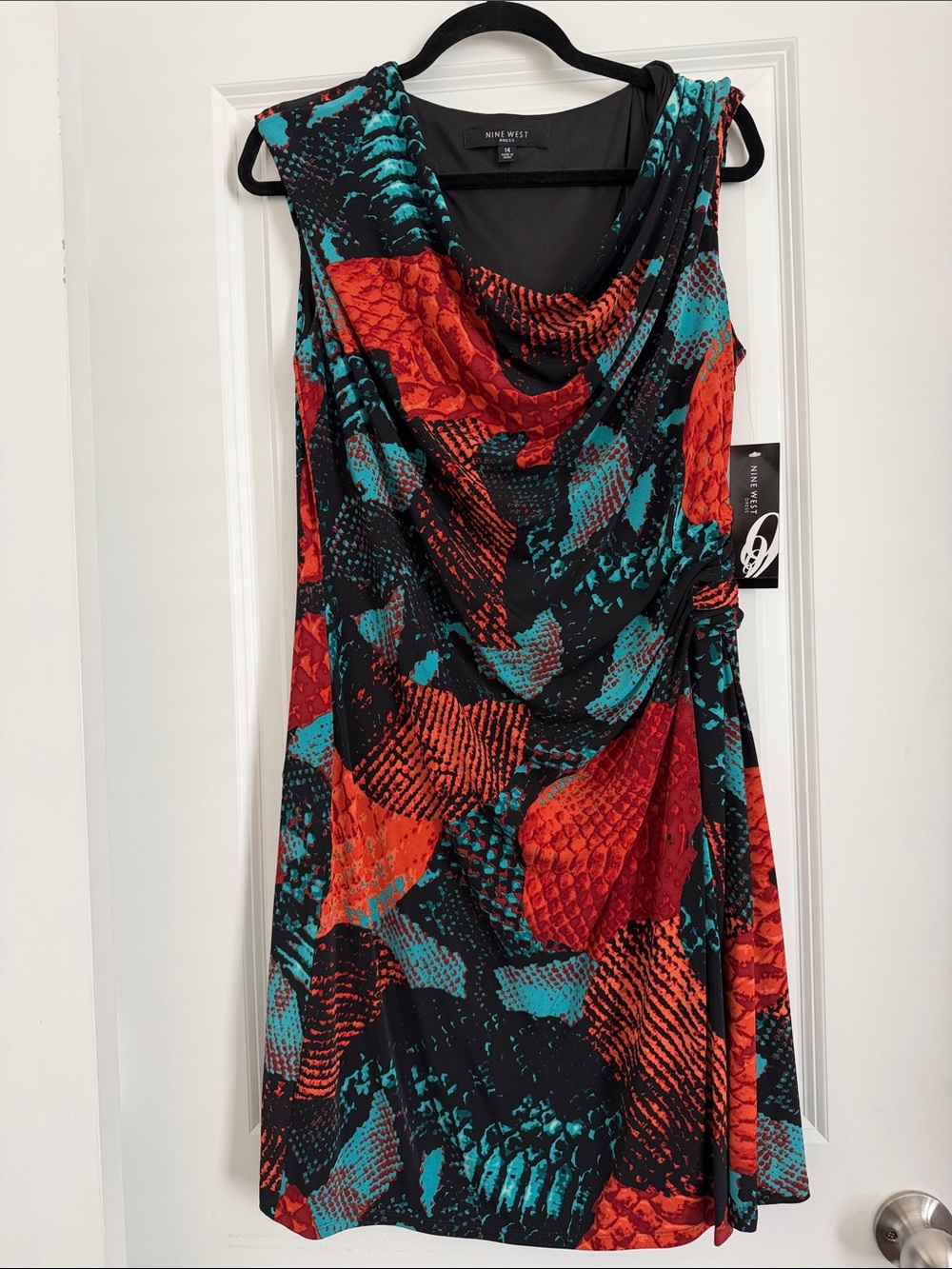Nine West Black, Red & Teal Abstract Cowl Neck Dress